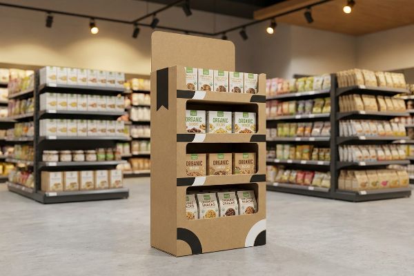 A grocery store aisle features a corrugated cardboard FSDU displaying multiple boxes of Organic Snacks, designed to attract impulse purchases.