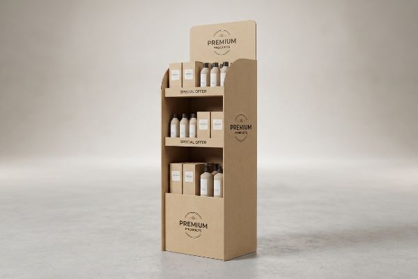 Natural kraft cardboard FSDU with three tiers displaying