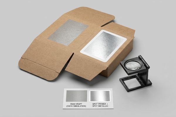 Brown kraft board box comparing Raw Kraft (CMYK Simulation) and reflective Spot Primer + Spot Metallic finishes, with a loupe.