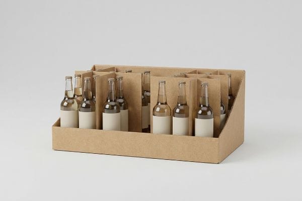 Kraft cardboard display tray with clear glass bottles, featuring blank labels and modular dividers for 85% product visibility.
