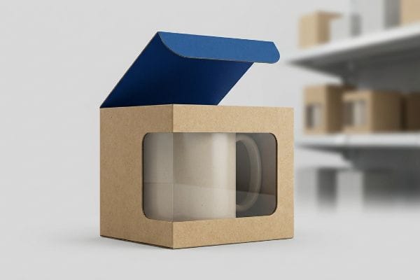 Kraft paper packaging box with a clear window displaying a white ceramic mug, featuring an open blue interior flap, ideal for retail display.