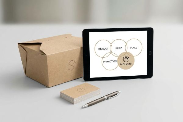 Brown kraft paper packaging box and cards with a tablet displaying the 5 P's retail framework: Product, Price, Place, Promotion, Packaging.