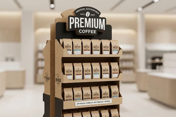 Kraft paperboard display showcasing Premium Coffee bags, highlighting 