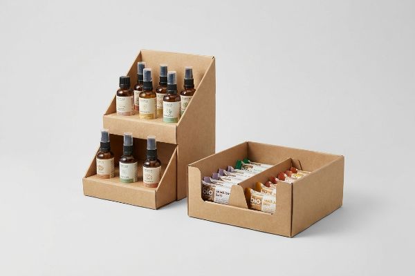 Retail displays feature amber spray bottles on a two-tier kraft counter display and 'Bio Snack Bar' packages in a tray.