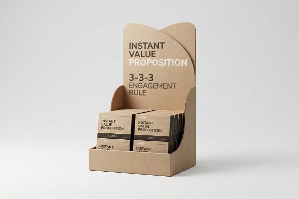 Présentoir PLV en carton kraft naturel avec en-tête « Proposition de valeur instantanée » et « Règle d'engagement 3-3-3 », présentant les boîtes de produits.