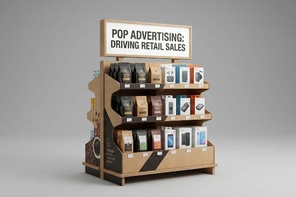 Un présentoir PLV en carton à plusieurs niveaux met en scène des sachets de café et des boîtes d'électronique sous une pancarte indiquant « Publicité PLV : Stimuler les ventes au détail ».