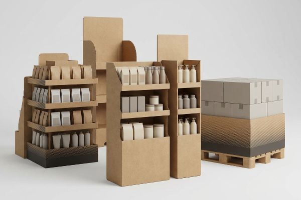 A retail setting displays various kraft paper point-of-purchase units, featuring multi-tiered floor stands holding generic product boxes, pouches, and bottles, alongside a pallet skirt with stacked grey boxes.