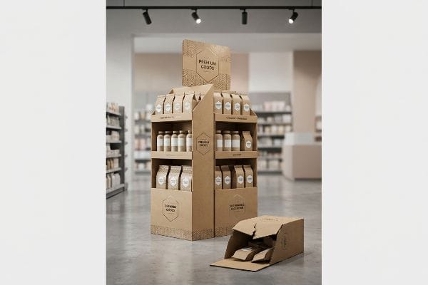 Kraft corrugated POP display for 'Premium Goods' and 'Sustainable Packaging', stocked with bottles and pouches in a retail store.