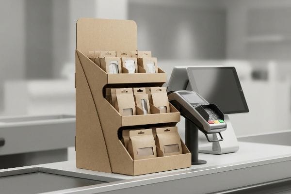 A retail checkout counter features a three-tiered natural brown cardboard point-of-sale display filled with kraft paper pouches, alongside a payment terminal and tablet.