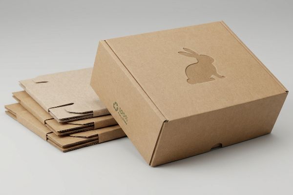 Brown kraft corrugated boxes, one assembled with a rabbit die-cut and a '100% Recycled' logo, alongside flat-packed eco-friendly packaging.