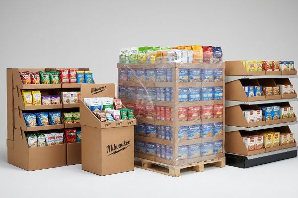 Natural kraft corrugated cardboard displays: Milwaukee floor merchandiser, countertop unit, shrink-wrapped pallet, and shelf trays.
