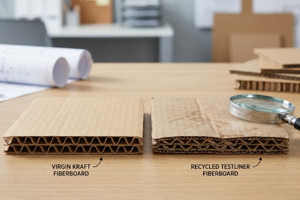 Virgin Kraft Fiberboard's uniform flutes contrast with the less rigid, worn Recycled Testliner Fiberboard, emphasizing material quality.
