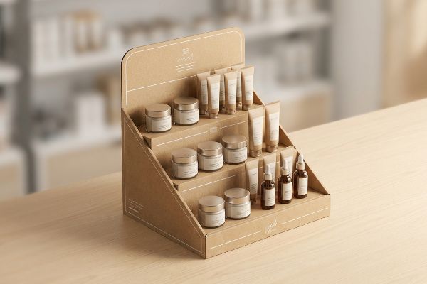 A retail setting features an engineered corrugated cardboard display, showcasing cosmetic jars, tubes, and dropper bottles on a light wood counter.