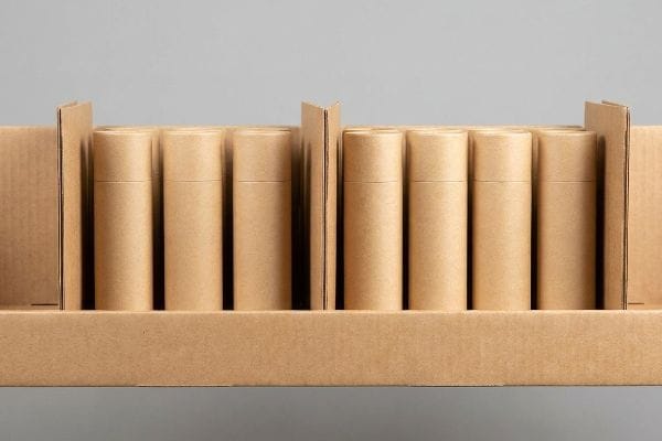 Kraft paper tubes are neatly arranged in a corrugated cardboard display tray with modular dividers, showcasing organized retail packaging.