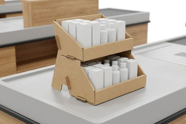 Two-Tier Countertop Display Kraft corrugated two-tier countertop display unit filled with white product boxes and bottles on a retail checkout surface.