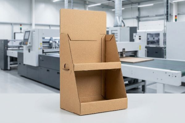 An empty corrugated cardboard PDQ display stands in a manufacturing facility, showcasing its two-tiered structure for retail merchandising.
