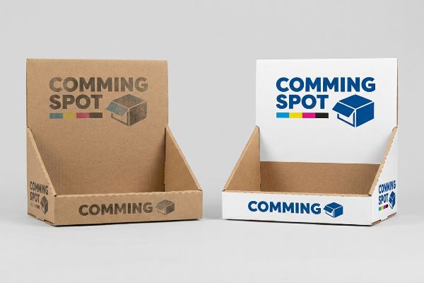 Uncoated kraft and white paperboard display units, showcasing Comming Spot logos with CMYK bars, contrasting vibrant blue with muddy halftone print.