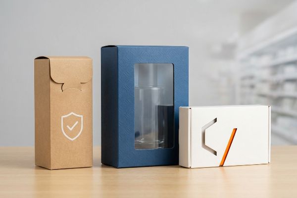 Kraft paper box with shield, textured blue window box holding clear bottle, and white packaging with angular orange die-cuts.