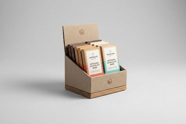 Kraft cardboard counter top display with a wooden base, showcasing Andgrand Artisanal Chocolate Bars in peach and blue packaging.