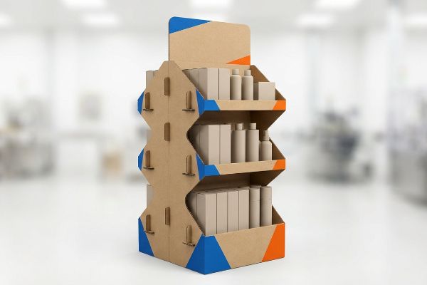 Verkaufsdisplay aus Kraftkarton mit zickzackförmig gestanzter Struktur, drei Regalböden mit beigefarbenen Standardprodukten, akzentuiert mit Blau und Orange.