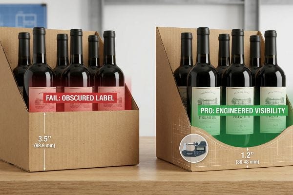 Brown corrugated wine carriers comparing a Fail: Obscured Label with a 3.5