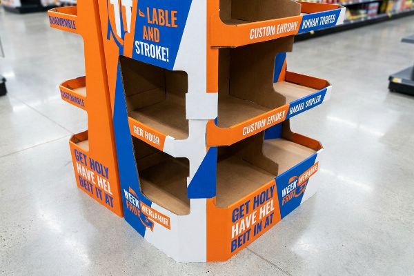 Orange and blue cardboard floor display unit with empty shelves, showcasing 'Lable and Stroke!', 'Custom Ehrony', and 'Get Holy Have Hel Beit It At' text for retail merchandising.