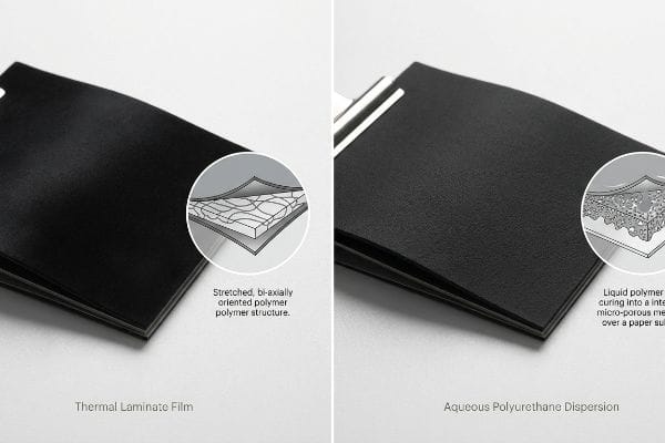 Schwarze Thermolaminatfolie mit gestreckter, biaxial orientierter Polymerstruktur im Vergleich zur mikroporösen Membran einer wässrigen Polyurethandispersion.