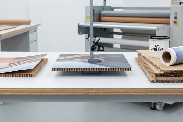 A metal ruler with a level tool measures a printed sheet on a honeycomb corrugated board, next to PVA Adhesive and a laminating machine.