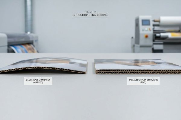 Corrugated board samples demonstrate The 5th P Structural Engineering, comparing a warped Single-Wall Lamination to a flat Balanced Duplex Structure.