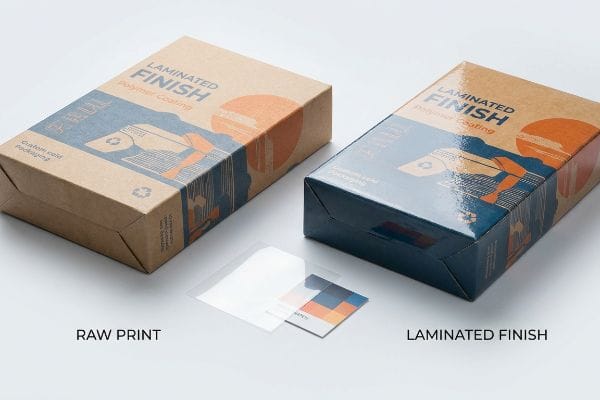 A Raw Print kraft paper box contrasts with a glossy Laminated Finish Polymer Coating box, showing the visual darkening effect.