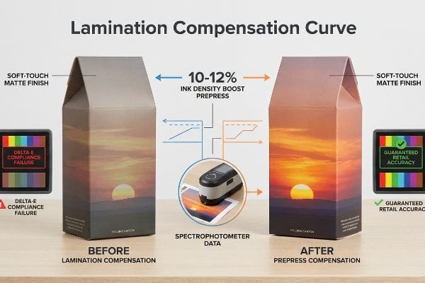 Les boîtes mates au toucher doux présentent la courbe de compensation de la lamination : défaillance Delta-E par rapport à la précision de vente au détail après une augmentation d’encre de 10 à 12 % via spectrophotomètre.