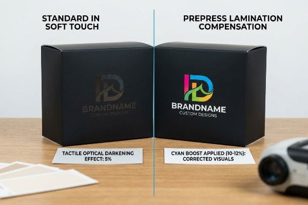 Black boxes show Soft Touch darkening (5% effect) vs. Prepress Lamination Compensation (10-12% Cyan Boost) for Brandname Custom Designs.