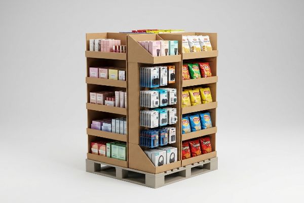 Présentoir en carton brun d'un quart de palette contenant des sachets de chips Lay's et Doritos, des petits appareils électroniques et des produits cosmétiques, optimisant ainsi la densité de la surface de vente.