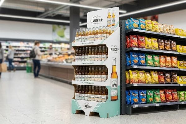 A multi-tiered cardboard floor unit showcases Lenestcrup beverages in a grocery store aisle next to snack shelves.
