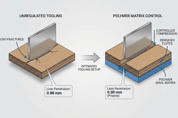 Polymer Anvil Matrix prevents 0.88 mm liner penetration and micro-fractures, achieving 0.00 mm pristine debossing on corrugated board.