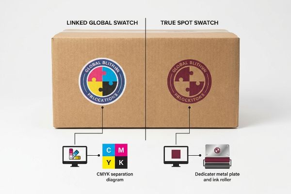 Cardboard box illustrating Linked Global Swatch with a CMYK Global Blithium Friccations logo and separation diagram, contrasted with True Spot Swatch showing a maroon Global Blithium Prlockitoks logo with a dedicated metal plate and ink roller for spot color printing.