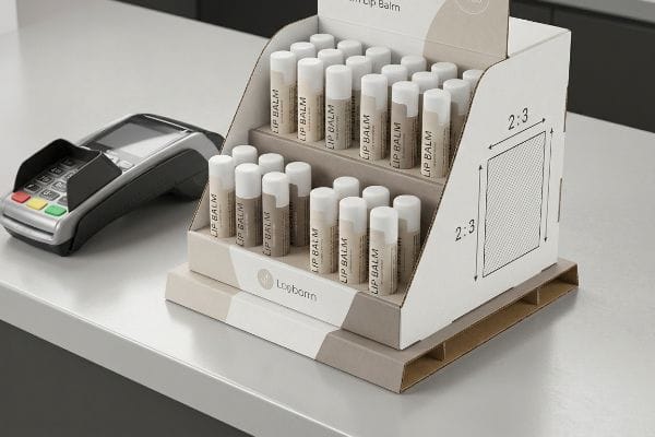পেমেন্ট টার্মিনালের পাশে রাখা লগবর্ন লিপ বাম টিউবের জন্য একটি কার্ডবোর্ডের পয়েন্ট-অফ-সেল ডিসপ্লে, যার একপাশে ২:৩ স্থিতিশীলতা অনুপাতের একটি ডায়াগ্রাম রয়েছে।.