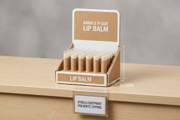 Kraft cardboard POS display filled with Sample P-Size Lip Balm tubes, featuring a stable footprint and illustrating the 2:3 Ratio to prevent tipping.