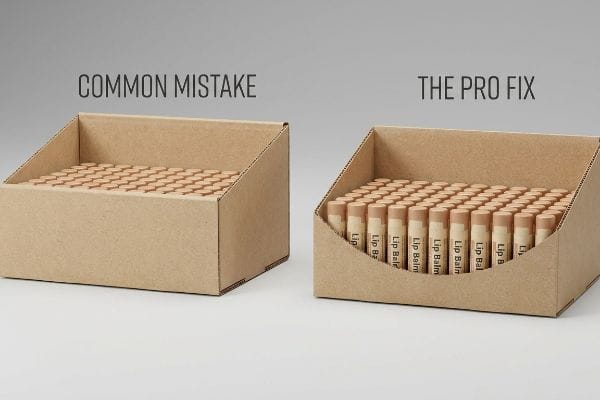 Cardboard retail display showing Common Mistake with tall front wall hiding Lip Balm, contrasted with The Pro Fix for enhanced product visibility.