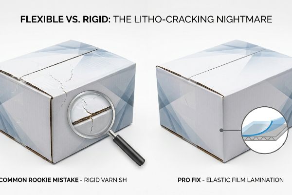 White corrugated boxes compare litho-cracking from Rigid Varnish (Common Rookie Mistake) with a pristine box using Elastic Film Lamination (Pro Fix).