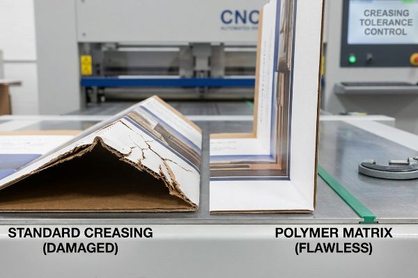 Damaged Standard Creasing with litho-cracking next to flawless Polymer Matrix creasing, showing a CNC machine and Creasing Tolerance Control.