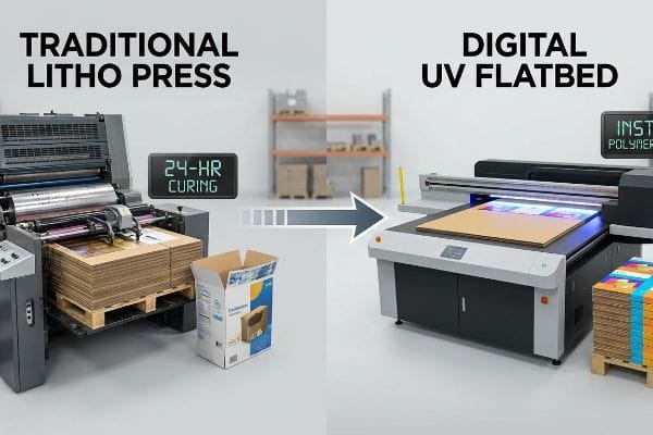 Traditional vs Digital Printing Traditional Litho Press with 24-Hr Curing for corrugated boards contrasts Digital UV Flatbed's Instant Polymerization.