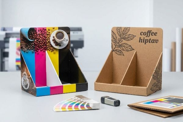 Custom Display Printing CMYK coffee graphic and kraft Coffee Hiptav custom countertop displays with color swatches.