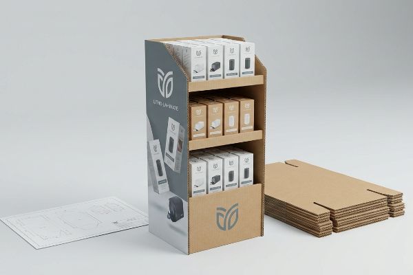 An assembled corrugated display stand with Litho-Laminate branding showcases product boxes, alongside a design blueprint and flat cardboard components.