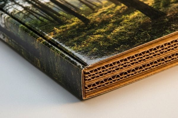 Litho-Laminated Corrugated Flutes Observing the robust corrugated flutes of a litho-laminated box, featuring a glossy, photographic-quality forest print.