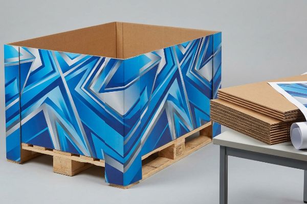 Vibrant blue and silver geometric litho-laminated pallet skirt on a wooden pallet, alongside flat corrugated sheets.
