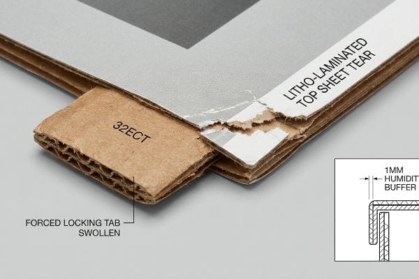 Torn Litho-Laminated Top Sheet on 32ECT corrugated board, highlighting a Swollen Forced Locking Tab and a 1mm Humidity Buffer diagram.