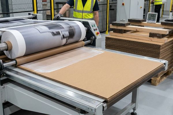 A printed top-sheet from a large roll is being litho-laminated onto corrugated cardboard with white PVA adhesive on a factory machine.