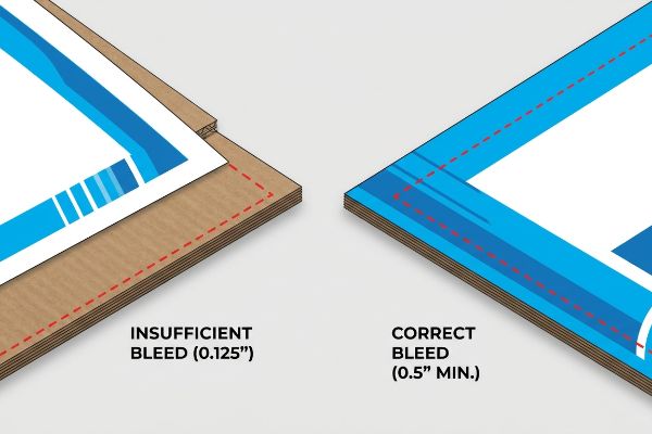 Comparison of insufficient 0.125-inch bleed exposing raw corrugated edge versus correct 0.5-inch bleed for litho-lamination, preventing flashing.