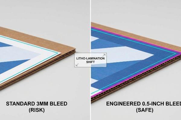 Corrugated board comparison illustrates Litho-Lamination Shift, contrasting Standard 3mm Bleed (Risk) with Engineered 0.5-Inch Bleed (Safe) to avoid exposed edges.